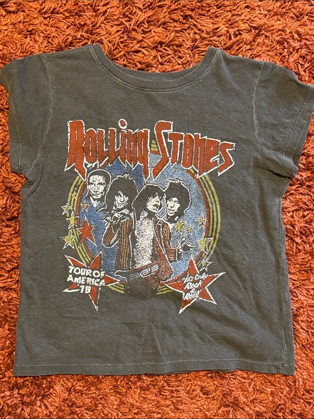 the Rolling Stones Vintage-Style Charcoal Band Tee with Red & Blue Graphic